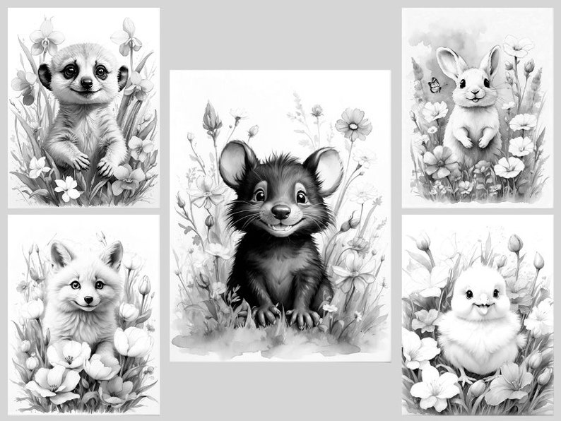 May include: Five black and white illustrations of animals in a field of flowers. The animals are a meerkat, a mouse, a rabbit, a fox, and a chick.