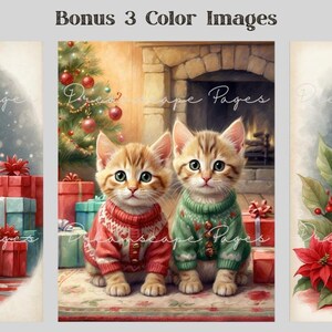May include: Three digital illustrations featuring kittens with Christmas themes. One shows a gray tabby kitten with a red scarf by a tree and gifts. Another shows two kittens in sweaters by a fireplace. The third shows a kitten in a Santa hat with poinsettias.