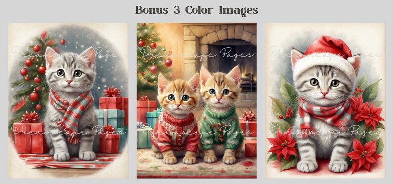 May include: Three digital illustrations featuring kittens with Christmas themes. One shows a gray tabby kitten with a red scarf by a tree and gifts. Another shows two kittens in sweaters by a fireplace. The third shows a kitten in a Santa hat with poinsettias.