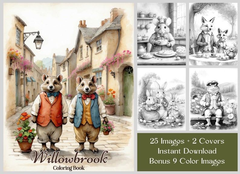 May include: A watercolor illustration of a coloring book cover featuring two raccoons wearing vests and bow ties standing in a quaint town street. The book title is "Willowbrook Coloring Book".