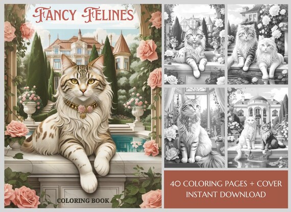 40 Fancy Cats Coloring Pages - Cats Coloring Book PDF - Printable Cat Coloring Pages - Instant Download - Grayscale Adult Coloring Book