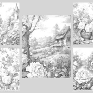 May include: A black and white coloring book page featuring five different scenes. The scenes include a cottage, a garden with a gazebo, a flower arrangement, and a river with a bridge. The images are detailed and intricate, perfect for adults who enjoy coloring.