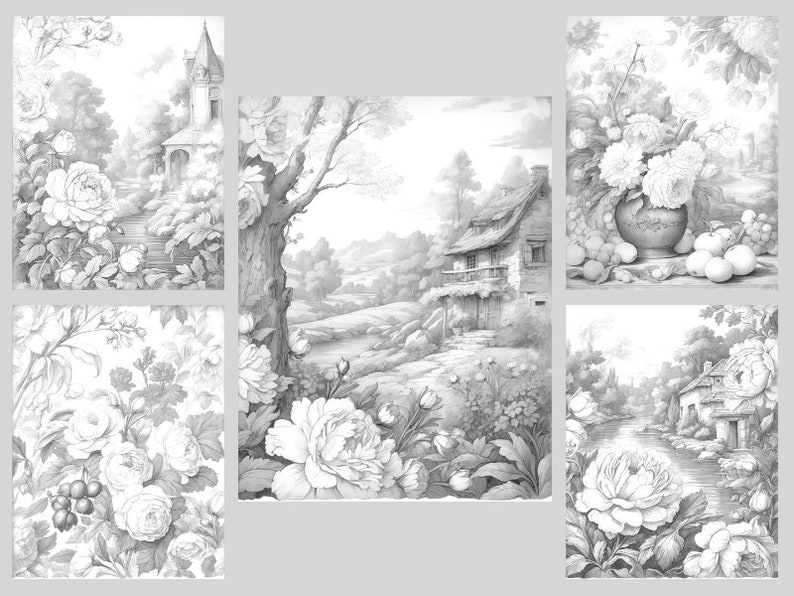 May include: A black and white coloring book page featuring five different scenes. The scenes include a cottage, a garden with a gazebo, a flower arrangement, and a river with a bridge. The images are detailed and intricate, perfect for adults who enjoy coloring.