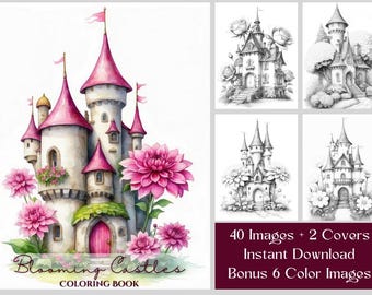 40 páginas para colorear de castillos, libro para colorear de pequeños castillos florecientes, castillos florales de fantasía en escala de grises para colorear, para adultos y niños.