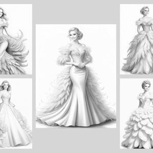 50 Fantasy Gowns Coloring Pages, Women In Elegant Dresses Coloring Book PDF, Grayscale Printable Dress Coloring, Feathered & Floral Gowns image 8
