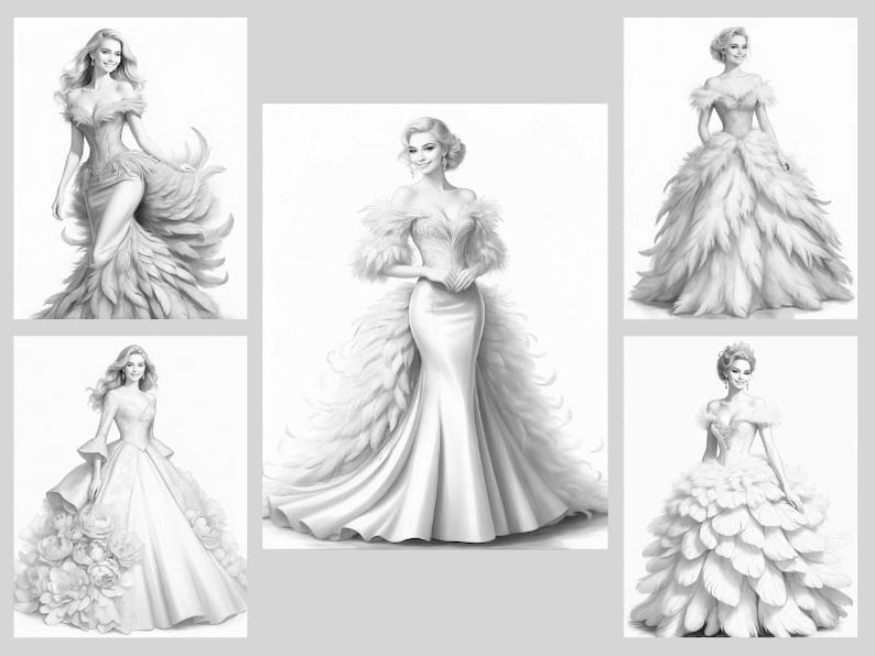 50 Fantasy Gowns Coloring Pages, Women In Elegant Dresses Coloring Book PDF, Grayscale Printable Dress Coloring, Feathered & Floral Gowns image 8