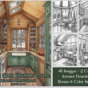 45 Kitchen Coloring Pages, Luxury Alpine Cabin Kitchens & Dining Rooms Coloring Book, Grayscale Printable PDF Adult Cottage Coloring