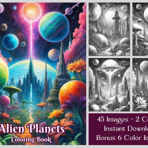 45 Planet Coloring Pages, Alien Planet Landscapes Cityscapes Coloring Book PDF, Printable Grayscale Sci Fi Coloring, Space Coloring