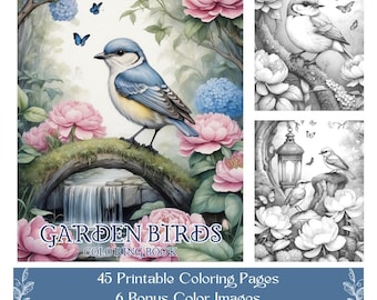 Floral Birds Coloring Book: 45 Garden Birds Grayscale Pages, Printable PDF