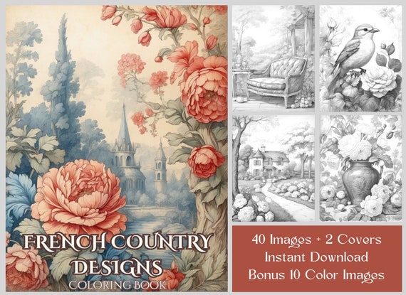 French Country Coloring Book: 40 Toile, Cottages, Flowers Printable Grayscale Pages, Digital Download PDF
