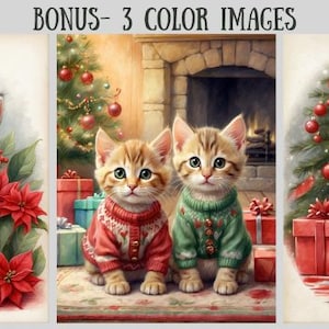 May include: Watercolor illustrations of kittens in festive holiday settings. One kitten wears a Santa hat and scarf, surrounded by poinsettias. Another image shows two kittens in sweaters near a fireplace. The third image features a kitten with a scarf near a Christmas tree and gifts.