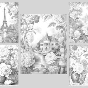 May include: A black and white coloring page featuring a Parisian scene with the Eiffel Tower, a bridge, and a river. The scene is surrounded by a border of flowers.