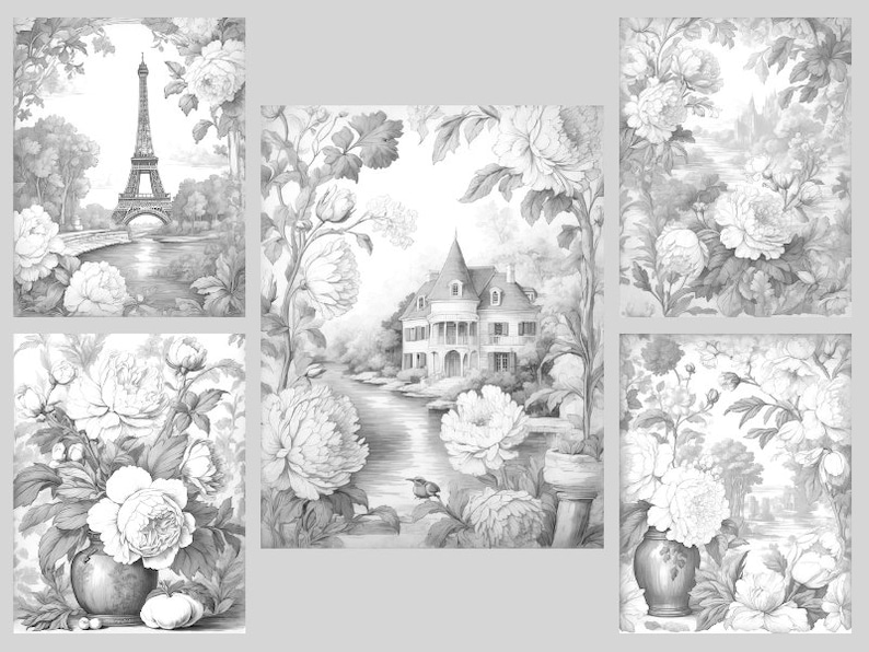 May include: A black and white coloring page featuring a Parisian scene with the Eiffel Tower, a bridge, and a river. The scene is surrounded by a border of flowers.