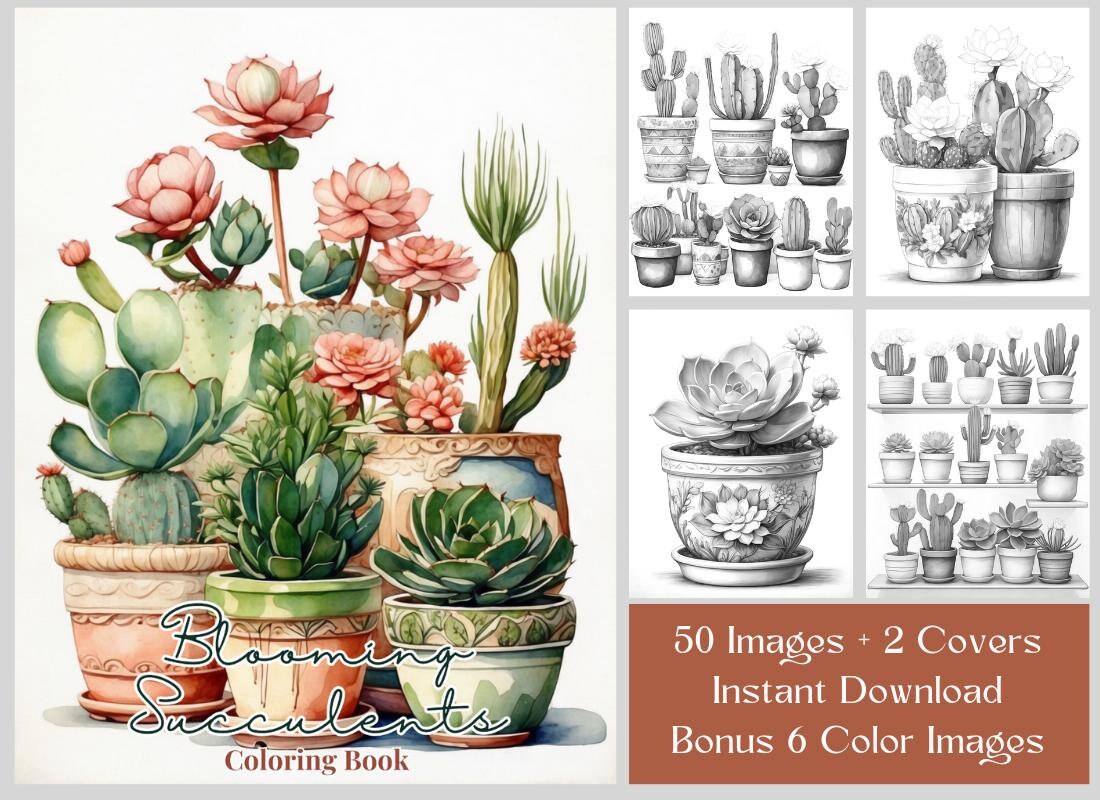50 Floral Cactus & Succulent Coloring Book, Printable PDF, Botanical Coloring Pages, Fantasy Grayscale Coloring Book for Adults and Kids