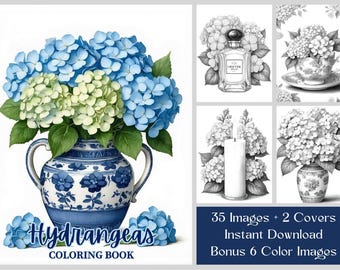 35 Blumen Malseiten, Hortensien Malbuch, Graustufen Boho Blumen Malseiten, printable PDF Blumen Malbuch für Erwachsene