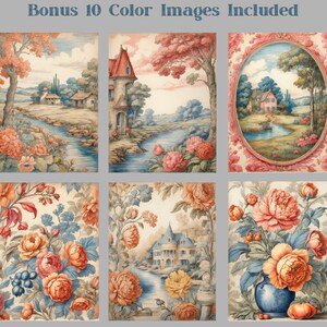 May include: A collage of ten vintage illustrations featuring floral patterns, landscapes, and architectural elements. The images are painted in soft pastel colors and feature a romantic and whimsical style.