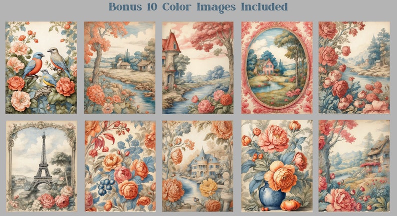 May include: A collage of ten vintage illustrations featuring floral patterns, landscapes, and architectural elements. The images are painted in soft pastel colors and feature a romantic and whimsical style.