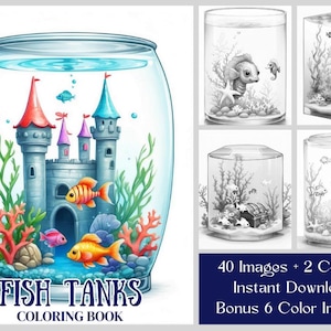 40 Fish Tanks Coloring Pages, Tropical Fish, Seahorse, Octopus, Coral, Fish Tank Coloring Book, Grayscale Printable PDF Sea Life Coloring