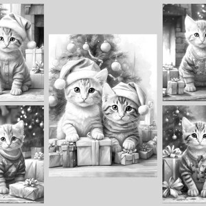 May include: A collection of five black and white illustrations featuring kittens in holiday attire. The kittens are depicted wearing knit sweaters and Santa hats, sitting amidst wrapped gift boxes in front of decorated Christmas trees.
