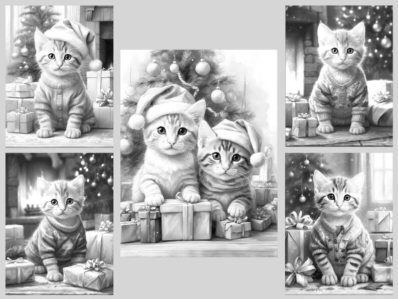May include: A collection of five black and white illustrations featuring kittens in holiday attire. The kittens are depicted wearing knit sweaters and Santa hats, sitting amidst wrapped gift boxes in front of decorated Christmas trees.