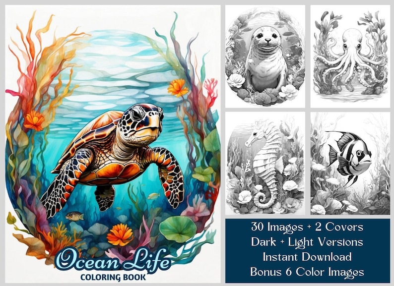 30 Ocean Coloring Pages - Sea Animals Coloring Book - Under The Sea Coloring Pages Printable - Ocean Life Coloring Book For Adults & Kids - Instant Download - Bonus 6 Color Images - Dark & Light Versions Included. A Beautiful Ocean Coloring Book.