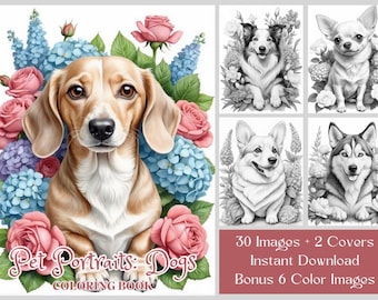 Dogs and Flowers Coloring Book: 30 Grayscale Pages (Digital Download)