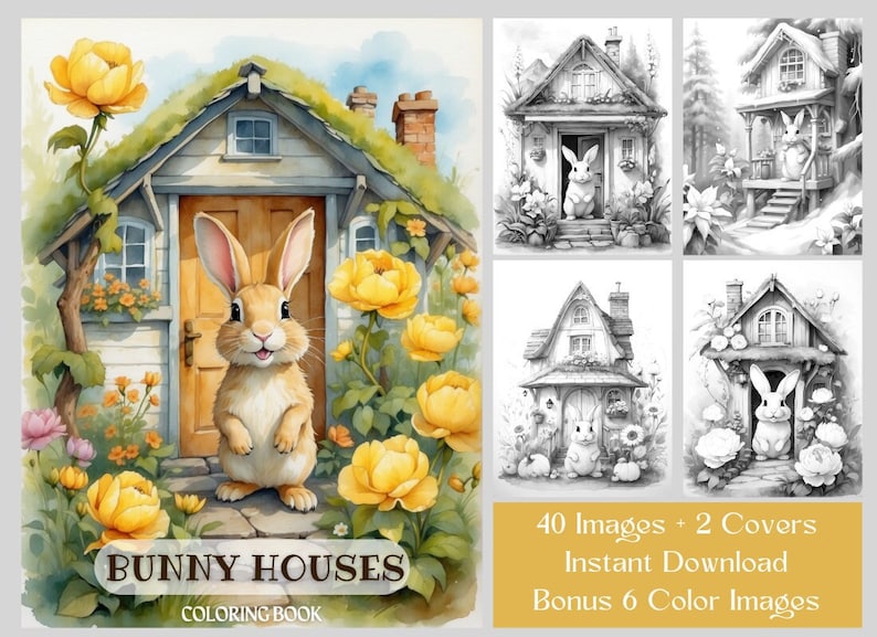 Colouring Pages Rabbit House Bunny Houses Coloring Book: 40 Rabbit Pages, Grayscale Printable PDF - Etsy