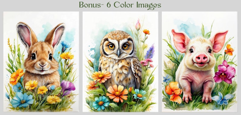 May include: Three watercolour paintings of animals in a field of flowers. A brown rabbit, a brown owl, and a pink pig.