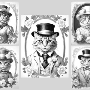May include: Five black and white illustrations of cats wearing top hats and formal attire. Each cat is framed with a decorative oval frame and surrounded by roses.