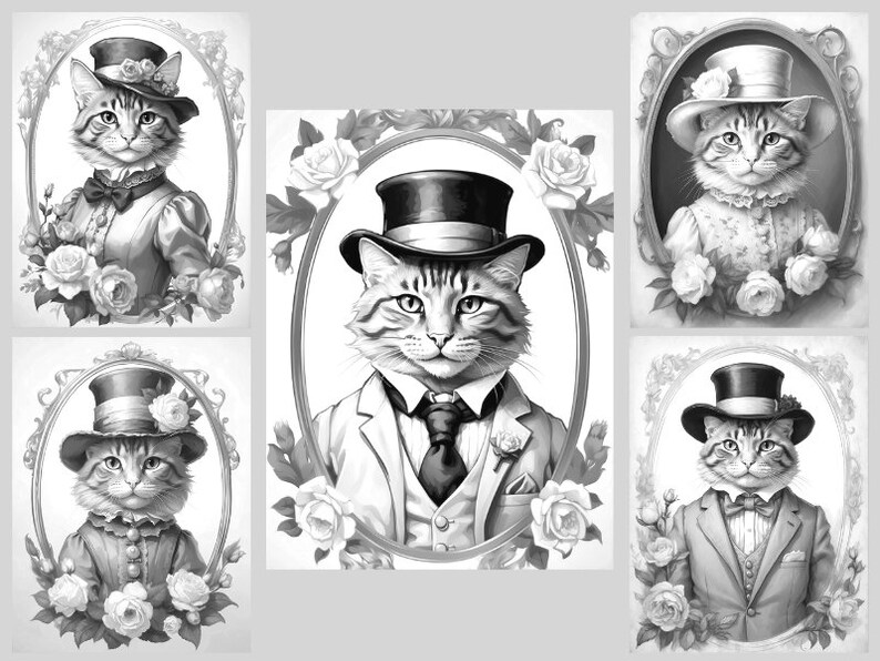 May include: Five black and white illustrations of cats wearing top hats and formal attire. Each cat is framed with a decorative oval frame and surrounded by roses.