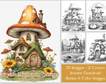 35 Mushroom Cottages Coloring Pages, Fantasy Fairytale Mushroom Houses Coloring Book, Grayscale Printable PDF Fantasy House Coloring