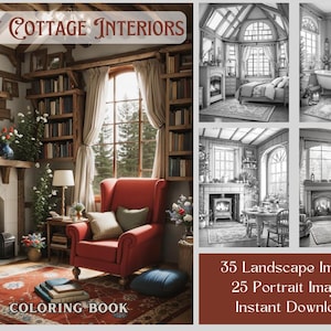 60 Cottage Interiors Malseiten - Das Gemütliche Haus Interiors Malbuch - Druckbare PDF Cottagecore Malbuch - Graustufen Färbung