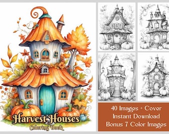 Fall Cottage Coloring Pages: 40 Harvest Houses, Grayscale Coloring Book, Printable PDF Cottage Coloring Book For Adults, Instant Download