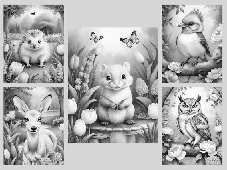 May include: Black and white illustration of five different animals in nature settings. A hedgehog, a deer, a hamster, an owl, and a blue jay are depicted in a whimsical style.