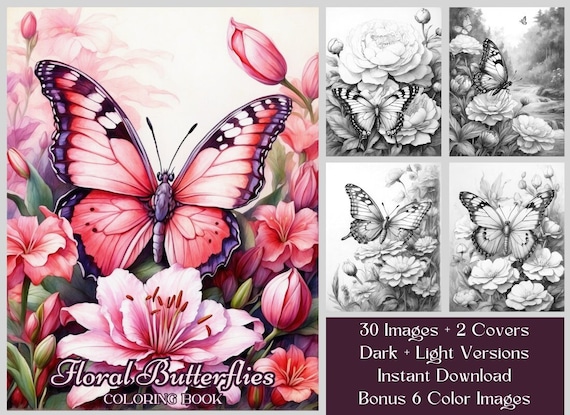 30 Butterfly Coloring Pages, Floral Butterflies Coloring Book, Printable Grayscale Coloring Book, Adults & Kids Coloring, Fantasy Coloring