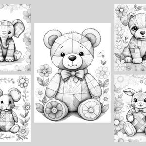 May include: Black and white illustration of four patchwork animals: an elephant, a teddy bear, a dog, and a rabbit. Each animal is surrounded by flowers and leaves.