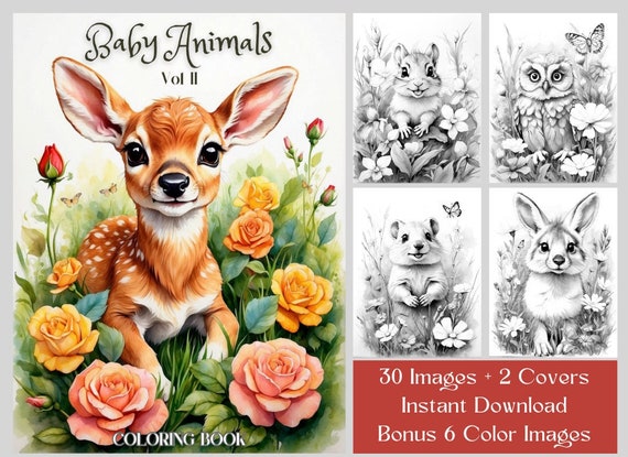 Baby Animals Coloring Book: 30 Grayscale Wildlife Illustrations (Digital Download)