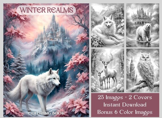 25 Fantasy Coloring Book - Winter Realms Animals Coloring Pages, Castles, Forest, Flowers Coloring Book PDF - Grayscale Adult Coloring