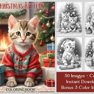 May include: A digital coloring book titled Christmas Kittens featuring a tabby kitten in a red and teal patterned cardigan sitting before a fireplace and Christmas tree with gifts. Includes four black and white kitten illustrations.