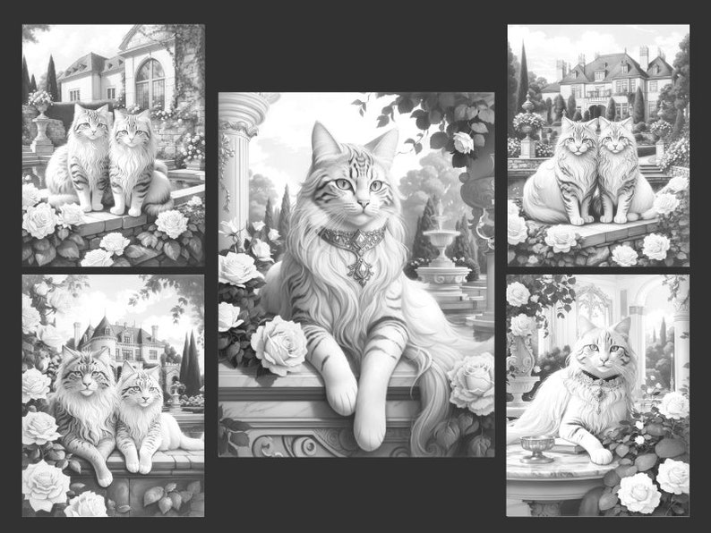 May include: A black and white illustration of five cats in a garden setting. The cats are all sitting or standing on stone walls or steps. There are roses and other flowers in the garden.