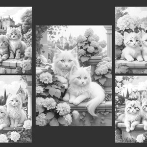 May include: A black and white illustration of six cats in a garden setting. The cats are all sitting or standing on stone walls or steps. There are flowers and trees in the background.