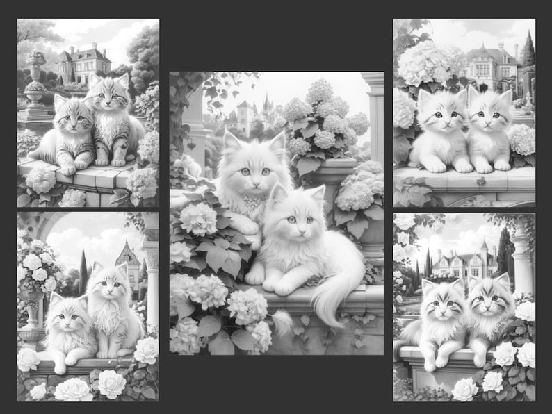 May include: A black and white illustration of six cats in a garden setting. The cats are all sitting or standing on stone walls or steps. There are flowers and trees in the background.