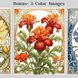 May include: Three vintage-style illustrations of flowers in ornate frames. The first image features yellow flowers, the second features orange flowers, and the third features blue flowers.