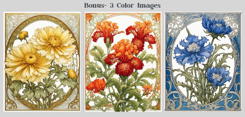 May include: Three vintage-style illustrations of flowers in ornate frames. The first image features yellow flowers, the second features orange flowers, and the third features blue flowers.