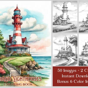 50 Grand Lighthouses Coloring Pages, Coastal Lighthouse Homes Coloring Book For Adults & Kids, Grayscale Printable Lighthouse Coloring Book