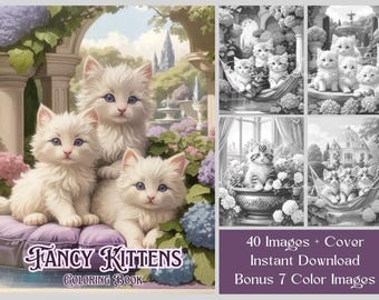 Fancy Kittens – 40-Page Grayscale Printable Coloring Book | Elegant Cats, Luxurious Manor Homes & Whimsical Gardens