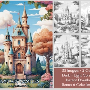 35 Fantasy Castle Coloring Pages, Adult And Kids Grayscale Coloring Book, Fantasy Coloring Sheets, Instant Download, Printable PDF File