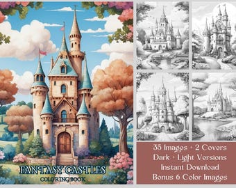 35 Fantasy Castle Coloring Pages, Adult And Kids Grayscale Coloring Book, Fantasy Coloring Sheets, Instant Download, Printable PDF File