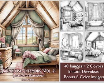 40 Interior Coloring Pages, Farmhouse Decor Adult Coloring Book, Bedrooms & Bathrooms Printable Grayscale Coloring Sheets, Instant Download