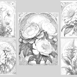 May include: Five black and white line drawings of different flowers in ornate frames. The flowers include a poppy, a peony, a daisy, a dahlia, and a flower with a tall, thin stem.